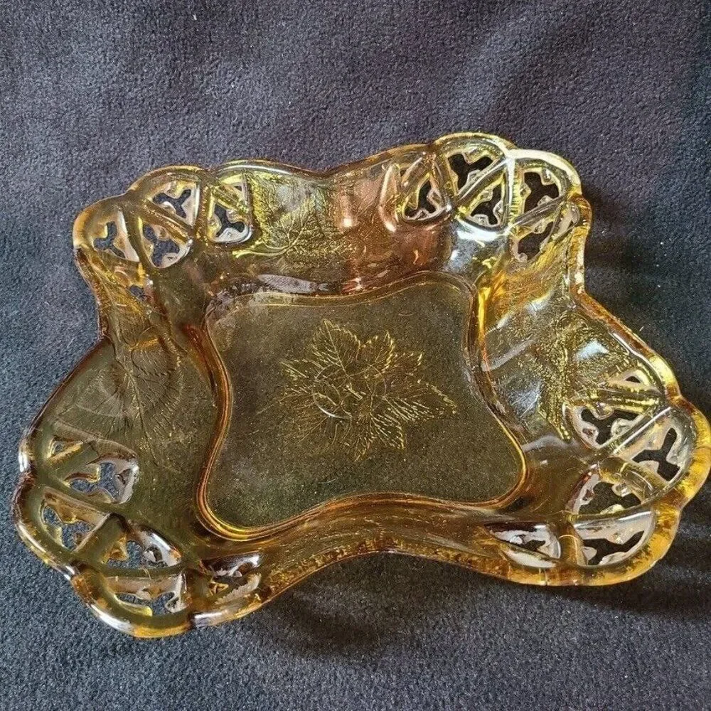 Vintage Art Glass Amber Harvest Gold Dish Scalloped Rose Embossed 11.5